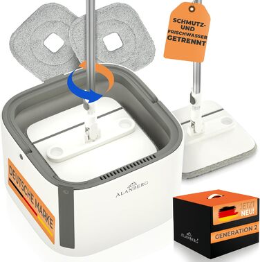 Набір для миття підлоги з відром ALANBERG® Gen2, білий: 360° самовіджимання, система з двома камерами, 2 мікрофібрових насадок
