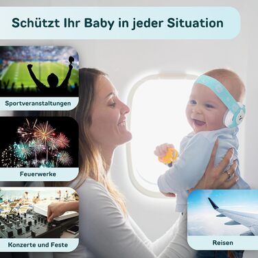 Захист вух для немовлят BELLEBEBE - 0-36 місяців, гіпоалергенний, BPA-free, сертифікований EN352-1, RoHS, CPC, регульоване наголов'я, сумка для перенесення (Азуль)