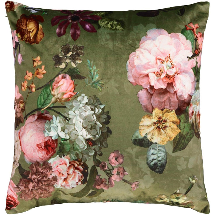 Декоративна подушка ESSENZA Fleur Moss 50x50 см, поліестер, оксамит, з квітковим принтом (піон, тюльпан)