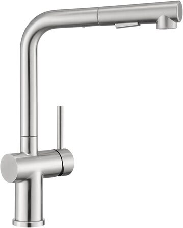 Змішувач кухонний з висувною лійкою, високого тиску, з двома режимами струменя, поворотний на 360°, L-подібний, з нержавіючої сталі (шліфований)