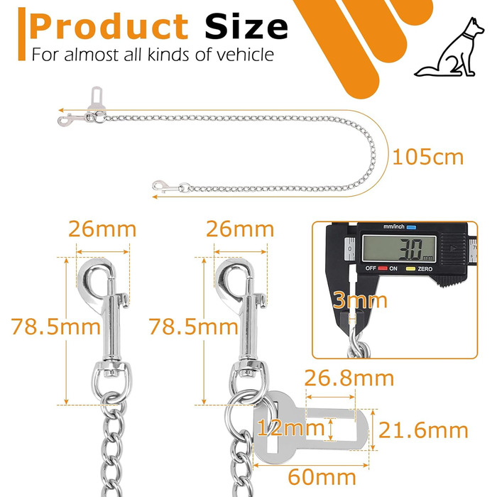 Нашийник для собак з кріпленням до авто, безпечний поводок-ремень, нержавіюча сталь 304, 105 см