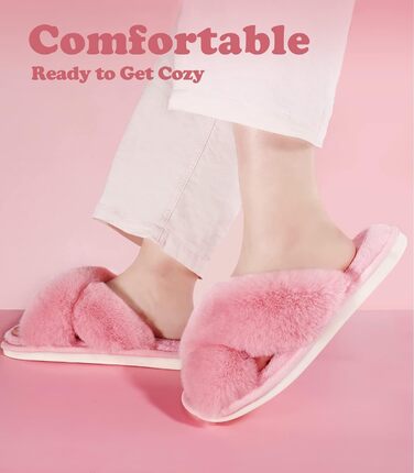 Тапочки жіночі Ankis з плюшу, теплі зимові, з перехресними ремінцями, з піною Memory, відкриті пальці, пухнасті, для дому та вулиці (білі, чорні, сірі, рожеві, верблюжі), 38/39 EU, рожеві