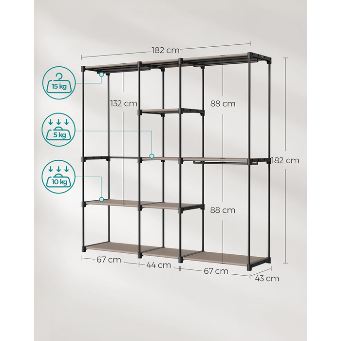 SONGMICS Шафа для одягу, вішалка для одягу, окрема гардеробна, з вішалкою для одягу, вішалка для одягу, полиці з тканини, металевий каркас, 182 x 43 x 182 см, RYG037B02 (Taupe)