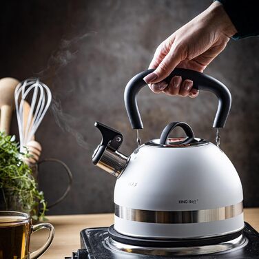 Чайник Kinghoff 1.8L з нержавіючої сталі з свистком, для індукційних плит, компактний, з нержавіючої сталі, матовий білий