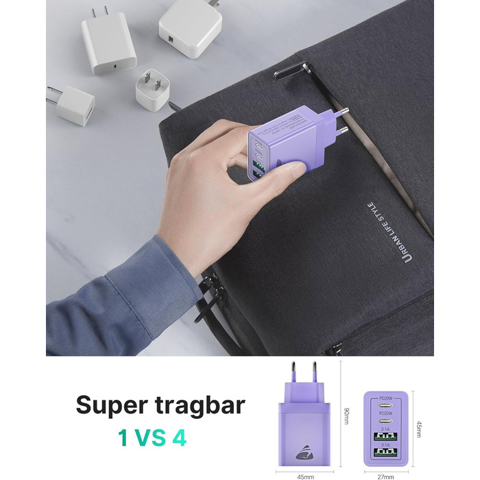 Зарядний пристрій USB-C 40W, 4 порти, швидка зарядка PD 3.0 для iPhone 14 Pro Max, iPad, Samsung та інших смартфонів, фіолетовий