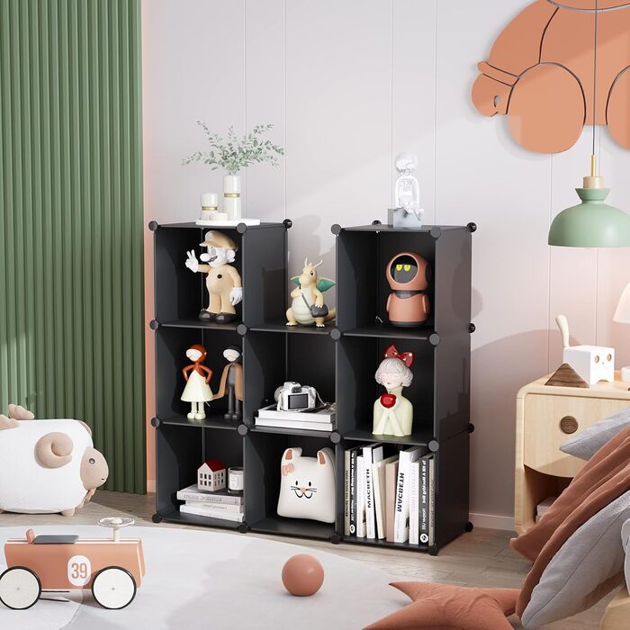 C&AHOME UPCS09M Cube Storage Organizer, 9-Cube Shelves, Closet Cabinet, DIY, Plastic, Modular Bookshelf, Ideal for Bedroom, Living Room, Opaque (Black)