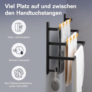 Тримач для рушників без свердління для ванної кімнати | Без бактерій | Приховані шурупи | Тримач для рушників з гачками - нержавіюча сталь SUS 304, чорний