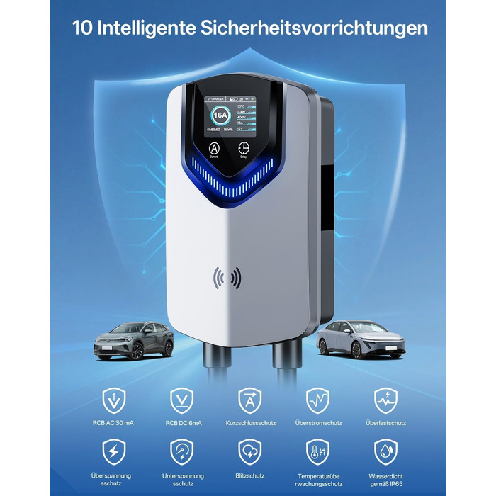 Wallbox 11 кВт з APP та RFID – Зарядний пристрій для електромобілів Typ 2 400V, 6-16A, кабель 8м з тримачем, RCD Typ B, IP54, програмування часу – для BEV/PHEV