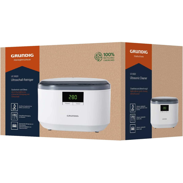 Ультразвуковий очищувач Grundig UC 6620 з таймером, 500 мл, 50 Вт, білий