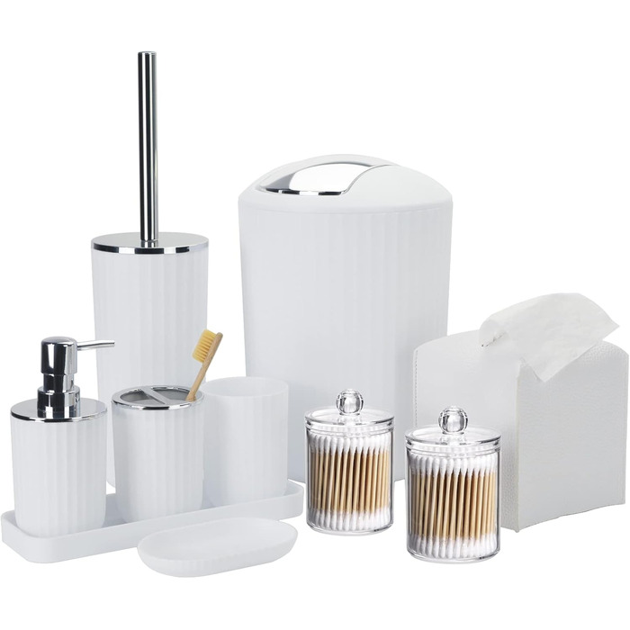 Набір аксесуарів для ванної кімнати, 10 предметів: сміттєвий бак, тримач для зубних щіток, мильниця, дозатор мила, тримач для унітазного йоржика, контейнер для ватних паличок, кришка для серветок (білий)