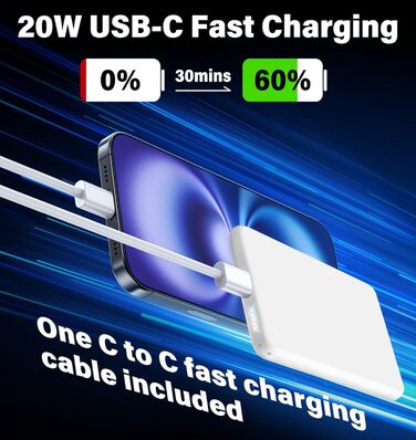 Power Bank MagSafe 5000mAh з PD 20W, QC 3.0, USB-C для iPhone 17/16/15/14/13 (Pro), білий