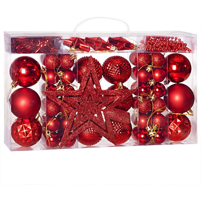 DEUBA® Новорічні кулі 66 шт. Ø 3-6 см, пластик, матові/глянцеві, прикраси для ялинки, новорічний декор (червоні)