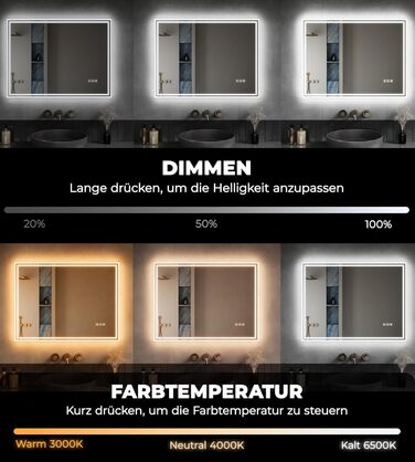 Дзеркало для ванної кімнати з підсвічуванням 60x50x3,5 см, LED, 6400K, холодний білий, енергозбереження, вертикальне/горизонтальне, з вимикачем, антизапар, 3 колірні температури