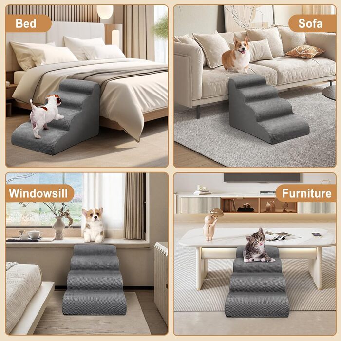 Сходинки для собак маленьких порід Otauoaea: 4 сходинки, протиковзкі, для диванів та ліжок, знімний чохол, сірий колір