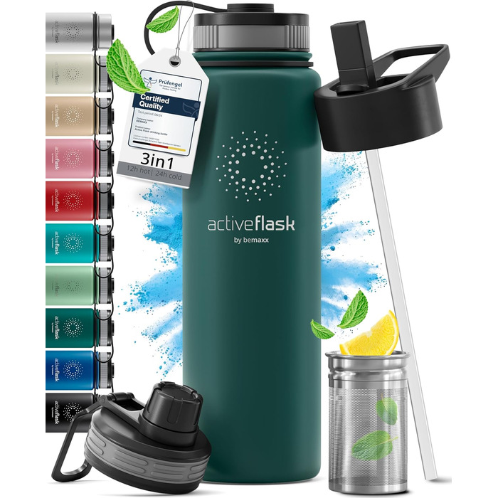 Фляга для води з нержавіючої сталі з трубочкою та інфузером, 3 кришки: BPA-free, не протікає, підходить для газованої води - спортивна фляга, термофляга, ізотермос, для дітей, 680 мл, Темно-бірюзовий