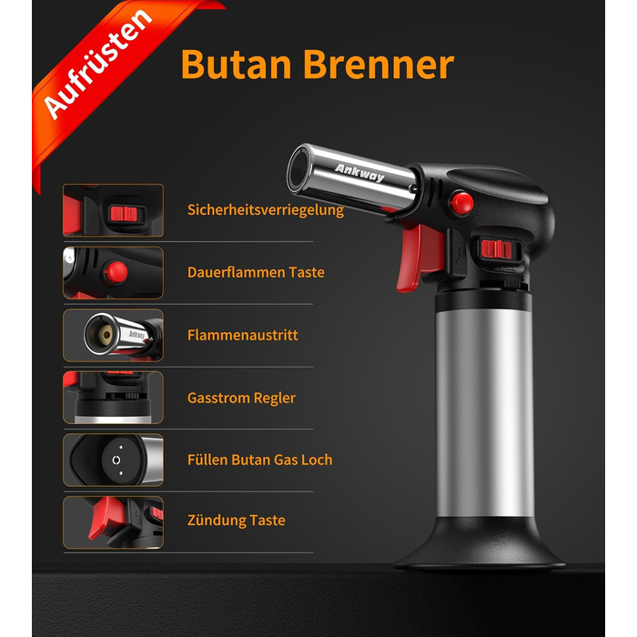 Пальник Бусен для приготування крем-брюле, приготування їжі, кемпінгу, кулінарії та хобі, сріблястий (бутан не входить до комплекту)