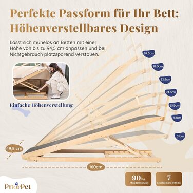 Східці для собак до ліжка з захисним бар'єром - для великих собак до 90 кг - регульована висота до 94.5 см - ширина 49.5 см - складаються - антиковзке покриття - з натурального дерева (бірча) - колір натуральний