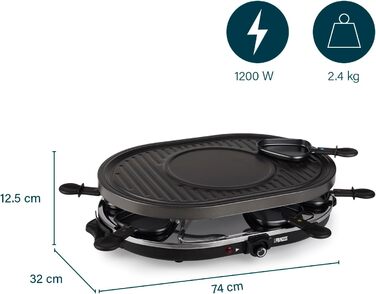 Електричний гриль Princess Raclette 8 панелей, овальний, 1200 Вт, багатофункціональна пластина з секцією для млинців, 42x30 см, чорний, нержавіюча сталь