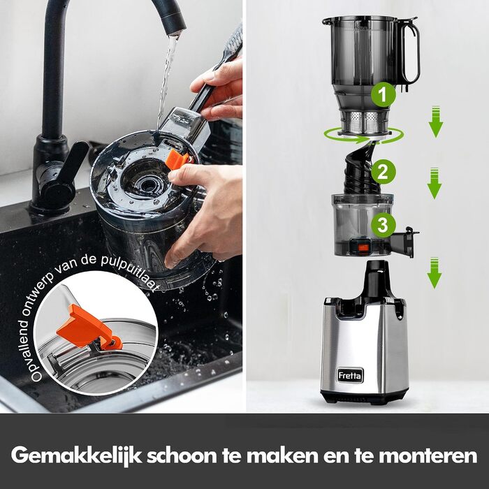 Шнекова соковижималка Fretta Slow Juicer з нержавіючої сталі для овочів та фруктів, сіра