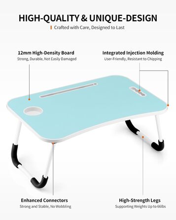 Складаний столик для ноутбука, портативний столик на колінах, приліжковий столик, підставка для ноутбука з тримачем для напоїв та слотом для планшета, з підйомним ручками для роботи, письма, малювання та їжі (Рожевий) (Блакитний)