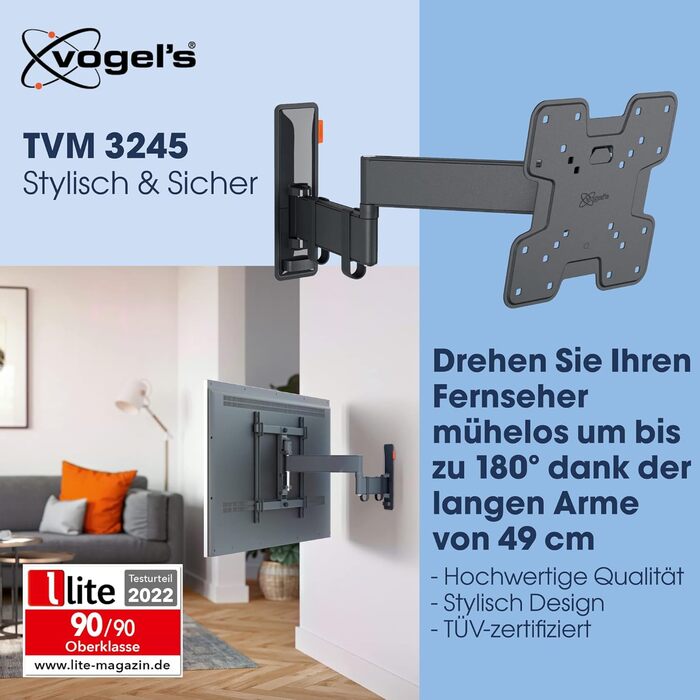 Настінне кріплення для телевізора Vogel's Comfort TVM 3245 Full-Motion 19-43 дюйми, до 15 кг, поворот 180°, VESA 200x200, чорний