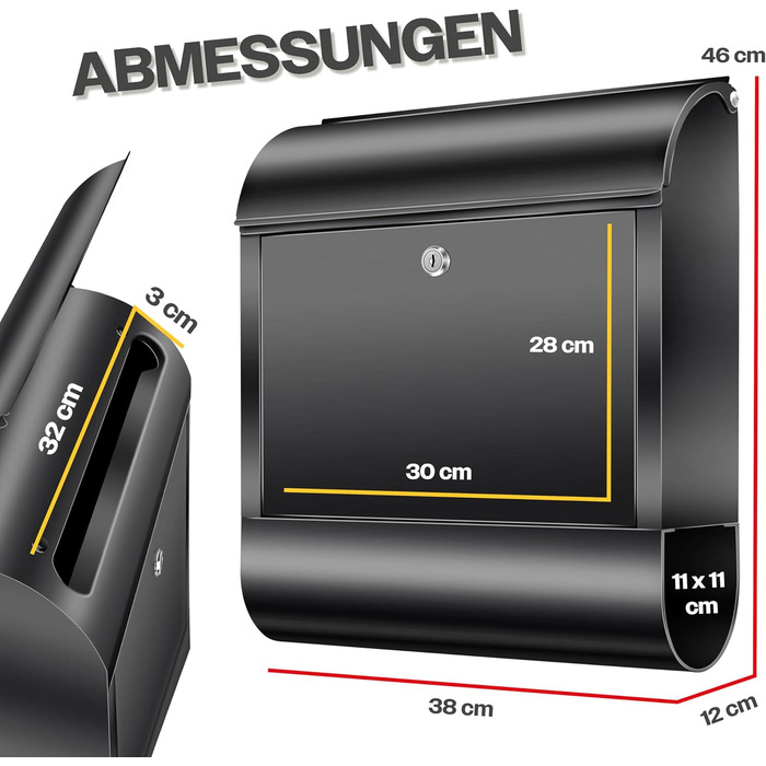 Поштовий ящик настінний KESSER XXL з нержавіючої сталі, з газетницею, замок з 3 ключами, чорний