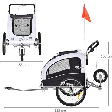 PawHut 2-в-1 Причіп для собак, велосипедний причіп для собак, візок для собак з відбивачами, прапором, причіп для собак PawHut, візок для собак, Oxford-тканина білий/чорний