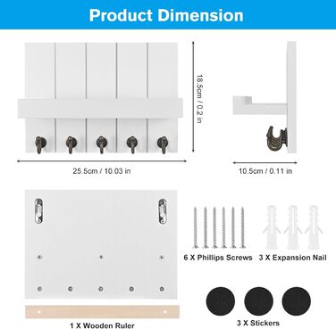 Дерев'яне ключниця з поличкою, 5 гачків, для прихожої, спальні, вітальні, білий колір