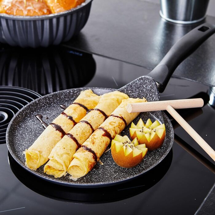 STONELINE Back to Nature Crepe Pan Induction 25 cm, Omelette pan coated with real stone particles, Pancake/Pancake pan non-stick, Fat-free frying, All stovetops, (Grey)