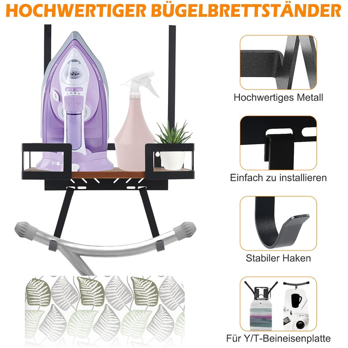 Настінний тримач для прасувальної дошки з металевим кошиком та знімними гачками, для T- та V-подібних дошок, над дверима