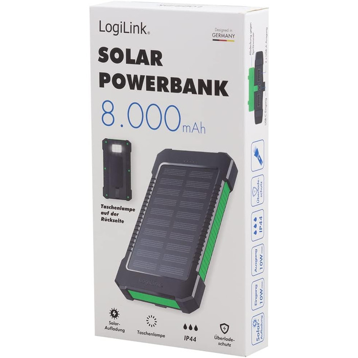 Портативний зарядний пристрій Solar Powerbank 8000 mAh з ліхтариком, чорно-оранжевий, одночасна зарядка 2 пристроїв (2x USB Type-A)