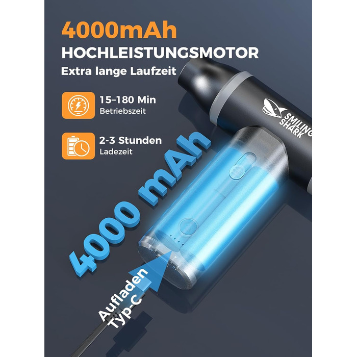 Електричний пилосос для повітряного тиску Smiling Shark J01 з алюмінію, 130000 об/хв, багатофункціональний, для ПК, BBQ, авто, кемпінгу, сірий (J01-BK)
