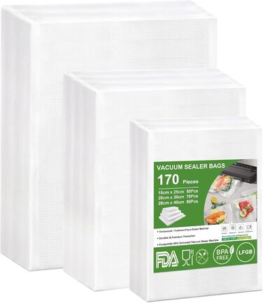 Omtofo 170-Piece Vacuum Bags 15x25cm + 20x30cm + 28x40cm Embossed, BPA-Free, Tear-Resistant, Vacuum Sealer Bags for All Home Vacuum Sealers, Professional Vacuum Bags Food Sous Vide Freezer Bags