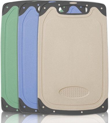 Cutting Board Set of 3, Plastic Cutting Board with Juice Grooves & Garlic Press Groove, Non-Slip Kitchen Board, Antibacterial Breakfast Board Cutting Boards for Fruit/Vegetables/Meat