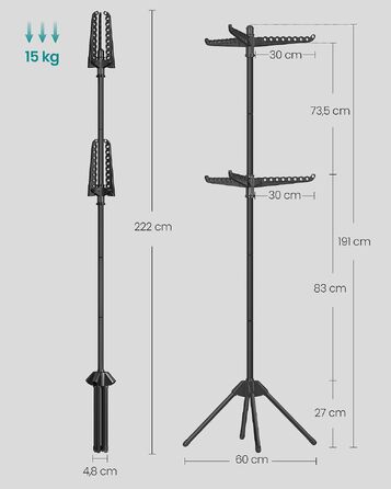 Сушарка для білизни SONGMICS BUNJI LLR510W01V1, складана стійка з нержавіючої сталі з 3 поворотними рукавами для маленьких приміщень та кемпінгу, чорна, 60x60x191 см