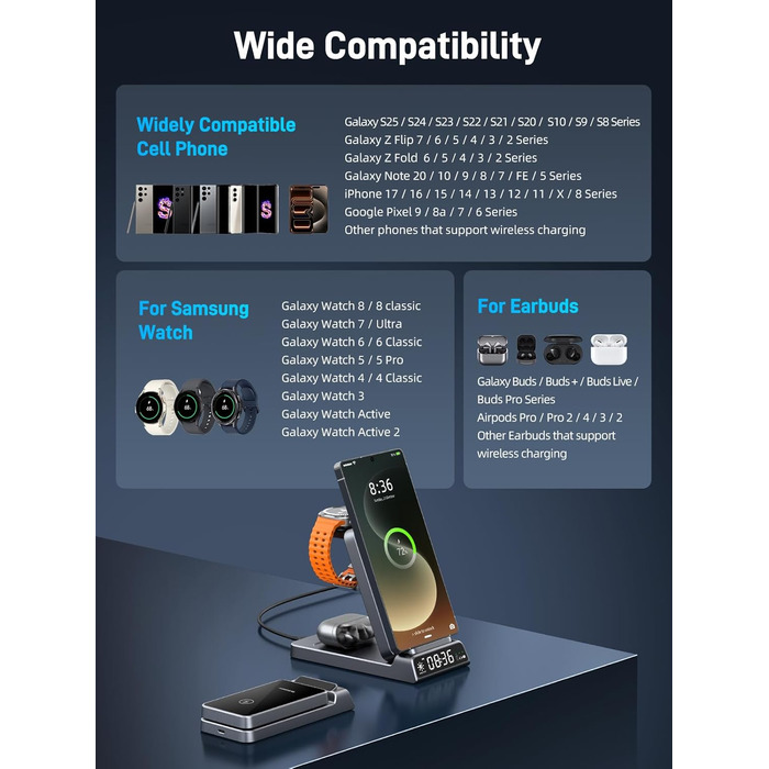 Бездротова зарядка для Samsung з годинником: станція для Galaxy S25 Ultra/S24/Z Fold 6/Flip 7/Bud, Watch, Galaxy Watch 8/7/6/5Pro, 3 в 1, сірий
