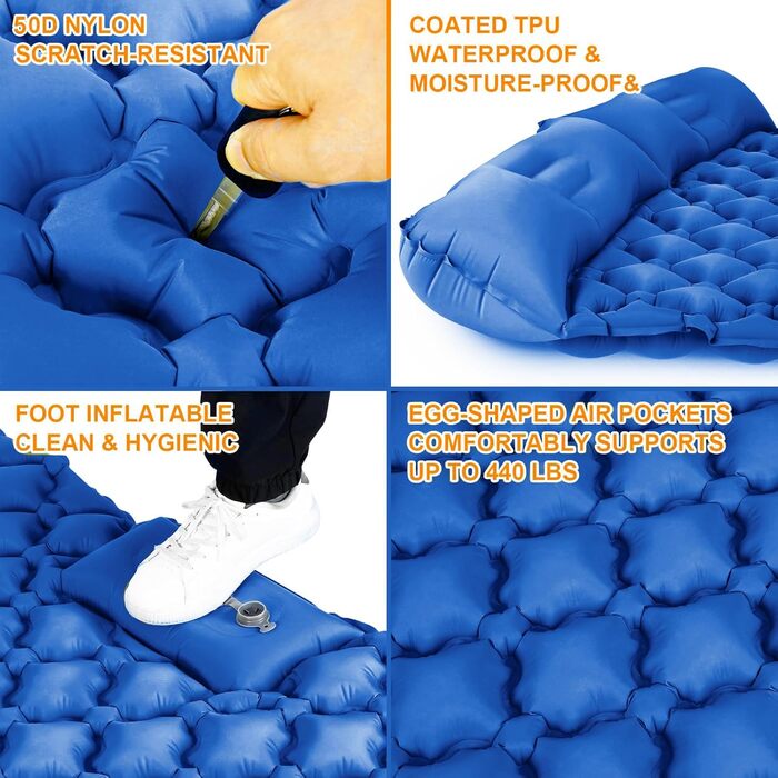 Двоспальний килимок для кемпінгу, самонадувний, 10.2 см, з подушкою, інтегрована фумпочка, для 2 осіб, блакитний