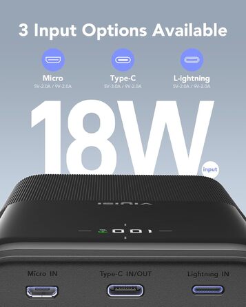 Power Bank VIYISI 30000mAh з LED дисплеєм, 20W PD, 4 виходи та 3 входи, сумісний з iPhone/iPad/Samsung/Huawei, чорний