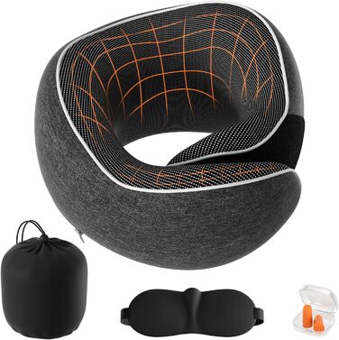 Подушка для шиї у подорожах: Memory Foam, регульована, з навушниками та маскою для сну (темно-сірий)