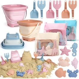 Dreamon Sand Toys Beach Toys Kids, 18 PCS Travel Sand Toys with Folding Bucket, Sandbox Beach Toy for Kids Ages 1 2 3 4 5 Years Girls Boys