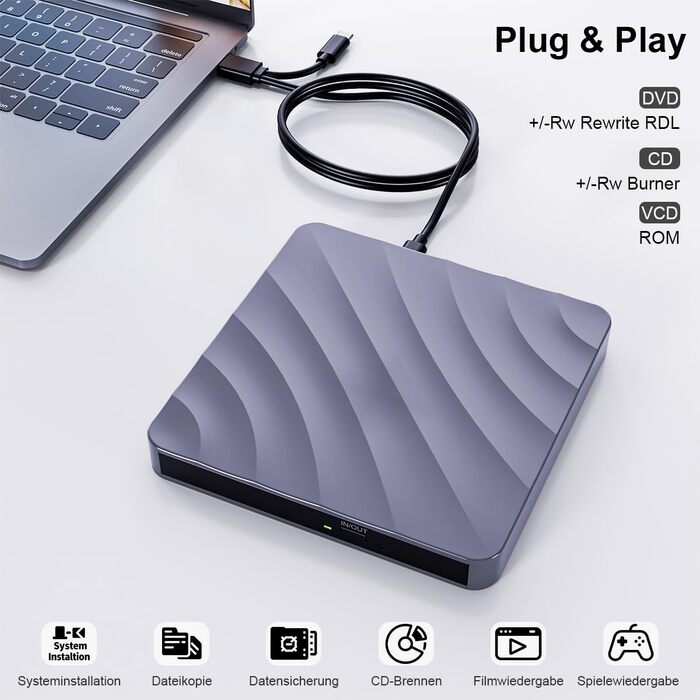 Зовнішній USB DVD/CD привід-записувач для ноутбука та ПК, оптичний накопичувач +/-RW ROM для Windows, MacOS, Linux (сірий/сріблястий)