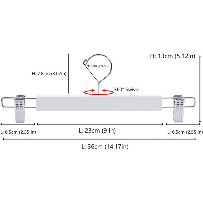10 дерев'яних вішалок для одягу Amber Home 36 см, білі, міцні, з антиковзними кліпсами та поворотним гачком