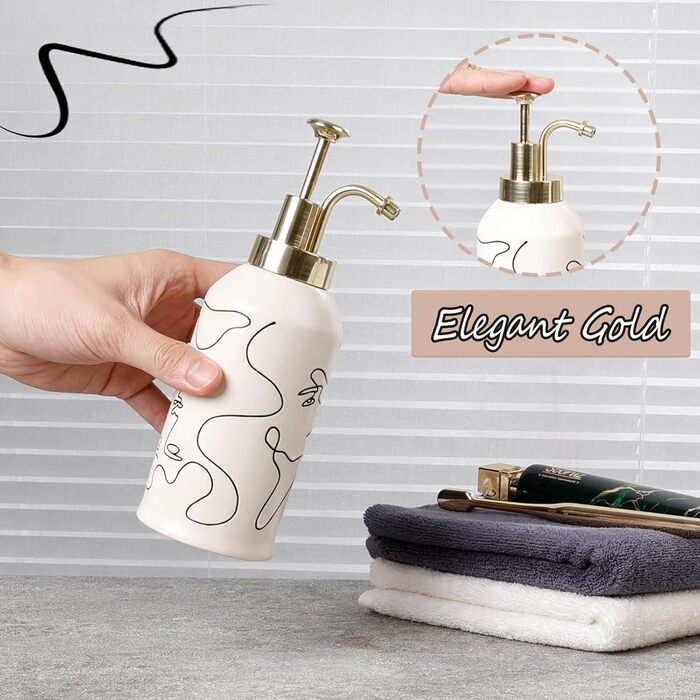 4-Piece Ceramic Bathroom Set, Artistic Line Face Bathroom Accessories Set with Soap Dispenser, Toothbrush Holder, Cup, Soap Dish, Abstract Bathroom Set for Decor, Cream
