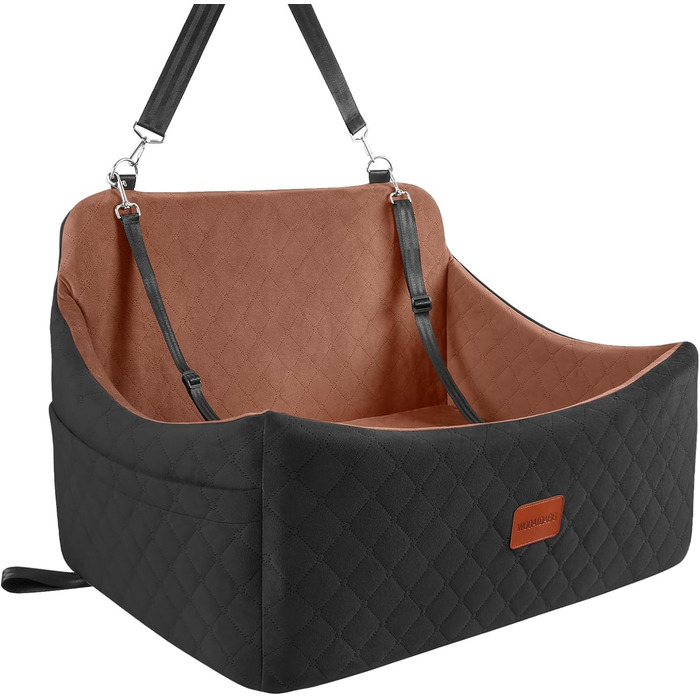 Wooaidagg Dog Car Seat for Medium & Large Dogs - Washable Memory Foam Pet Bed with 2 Leashes (Black/Brown)