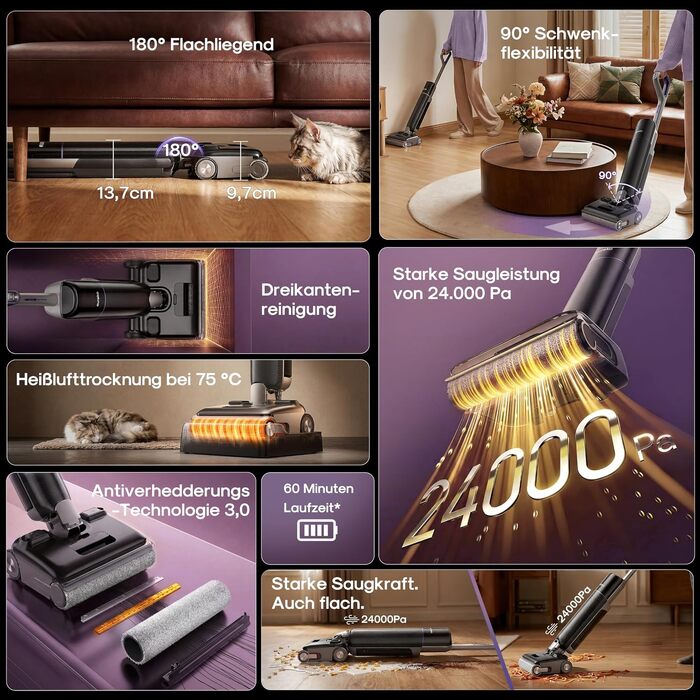 Акумуляторний миючий пилосос EUREKA FloorShine 830 для твердих підлог, 24000 Па, з функцією самоочищення та сушіння гарячим повітрям 75°C, Anti-Tangle 3.0, 60 хв роботи