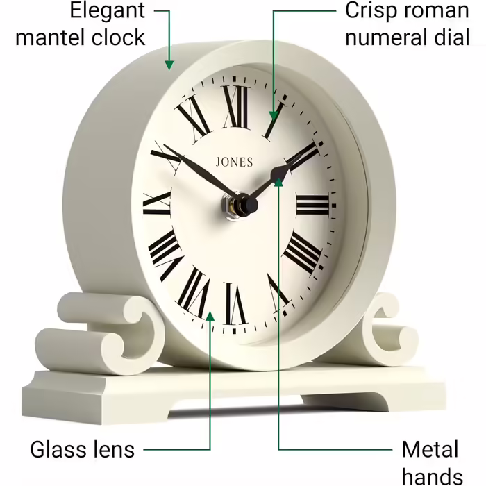JONES CLOCKS® Saloon Table Clock | Traditional Double-Scroll Design | | Roman Numerals | Classic style for desk, table, shelf or bedside table. (White)