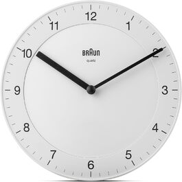 Braun Classic analog wall clock with a quiet quartz movement, easy-to-read dial with a 20 cm diameter in white, model BC06W.