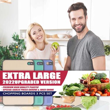Набір з 3 дерев'яних обробних дощок для кухні, великі, антибактеріальні, з канавкою для соку, стійкі до ковзання, для овочів/фруктів/м'яса, бежевого, зеленого та темно-синього кольорів