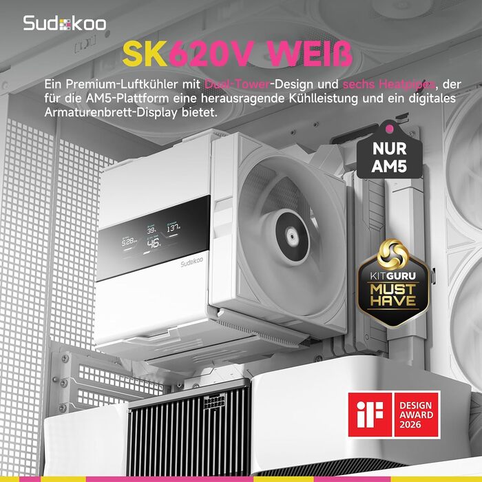 Кулер для процесора Sudokoo SK620V White AM5: двосекційний повітряний охолоджувач з цифровим дисплеєм, 6 теплотрубками та 2 вентиляторами PWM FDB 120мм, білий
