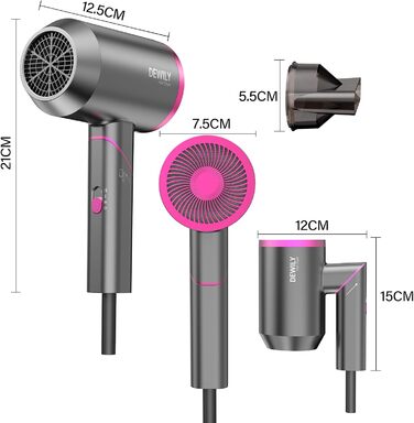 Складаний фен DEWILY Profi: потужний, тихий, з 3 режимами нагріву, з насадкою, сірий